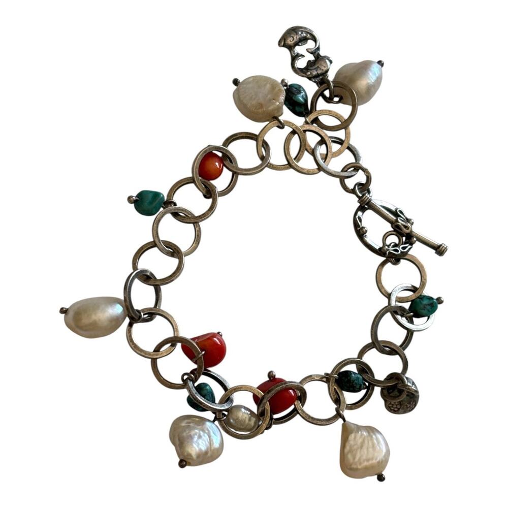 Bohemian Baroque Pearl turquoise faux coral Stone Charm Bracelet 7.5” vintage